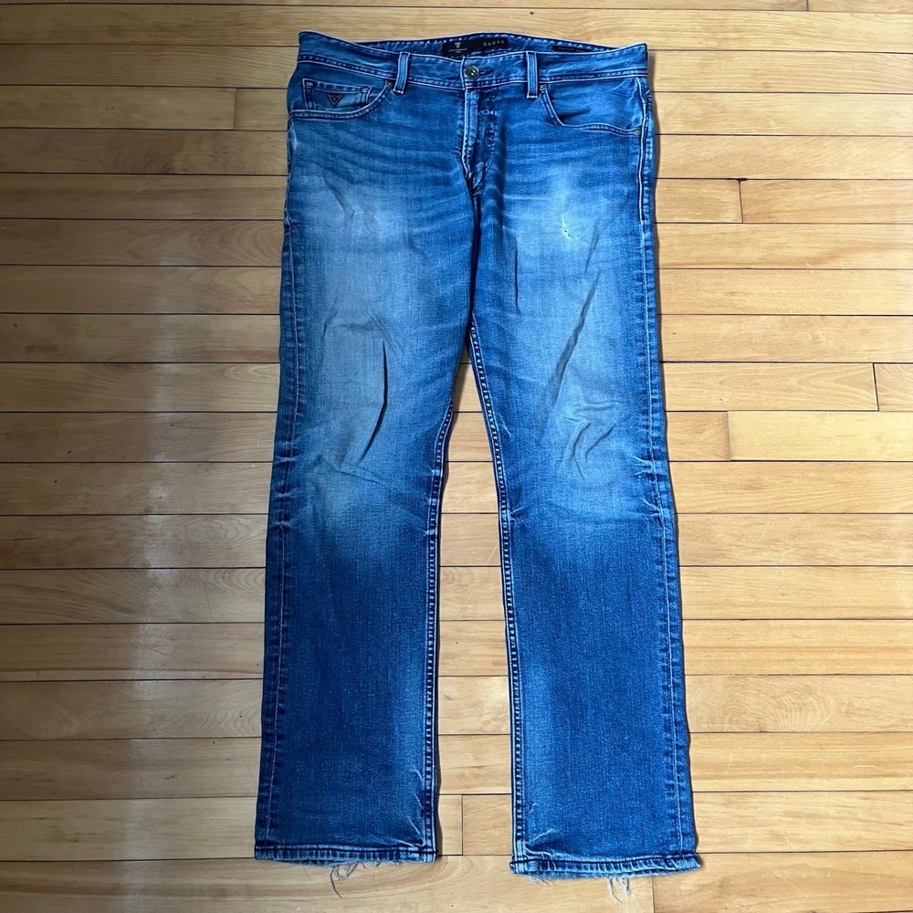 Guess Regular Straight Mens Blue Denim Jeans Medium Wash 34x32 Distressed Hem